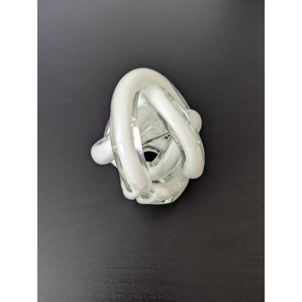 Hand Blown Art Glass White Twisted Rope Knot Ribbed Paperweight Sculpture